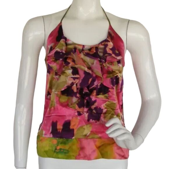 HALE BOB Halter Top, XS, Silk, Pink/Purple/Green, Ruffle neckline, Straps - Picture 3 of 7